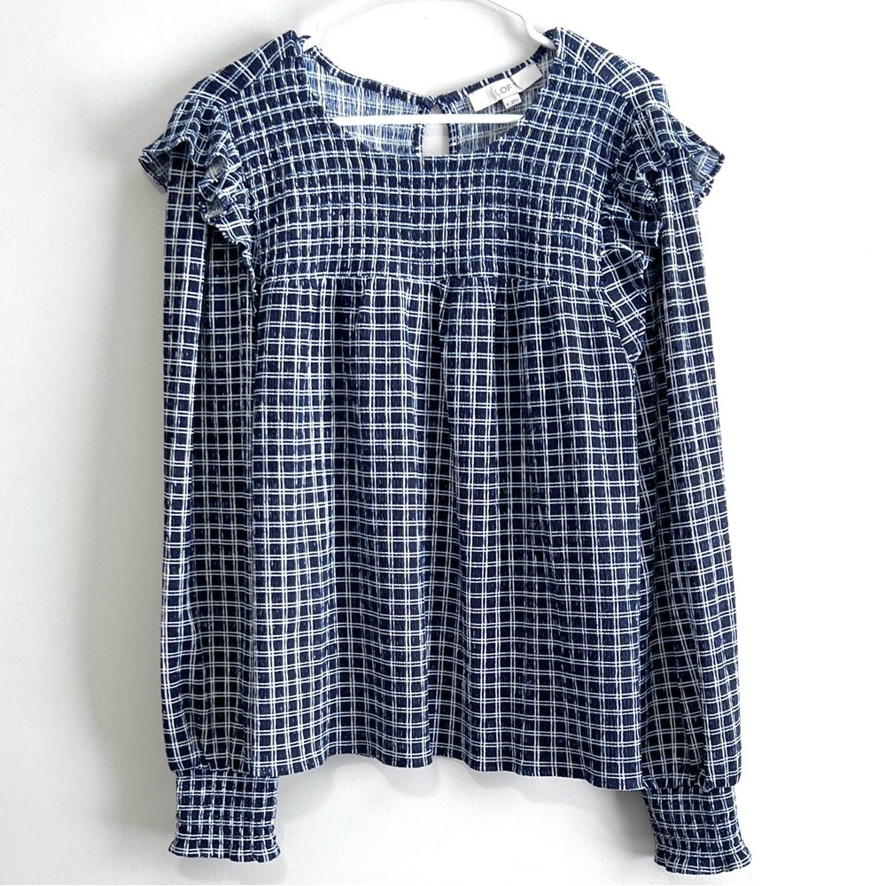 Loft Texture Plaid Ruffle Shoulder Long Sleeve Top